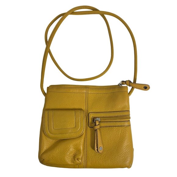 Tignanello Mustard Yellow Genuine Leather Crossbody Bag Multi Zip Compartments